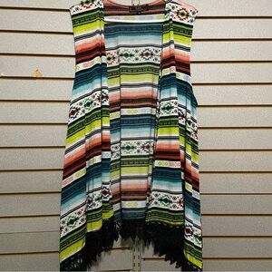 L&B  Plus Sized 3XL XXXL Serape Fringe Duster Kimono Aztec Bright Colored‎ EUC